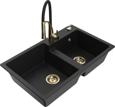 Produktbild von Mexen Tomas 2-Becken-Granitspüle mit Mischbatterie Aster, Schwarz - 6516-77-73450-57-G