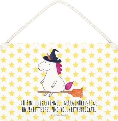Produktbild von Mr. & Mrs. Panda Schild Einhorn Hexe DIN A5 - Weiß - Geschenk, wandtafel, Holzschild, Leben, Engel, Türschild, holzbild, Freundin, Teufel, Wandbild Holz, Unicorn, Frau
