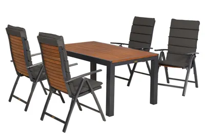 Produktbild von Merxx Gartenmöbel Set Santorin 9tlg., 4 Klappsessel inkl. Kissen, Ausziehtisch 150 (200) x 90 cm- Aluminium/Akazie
