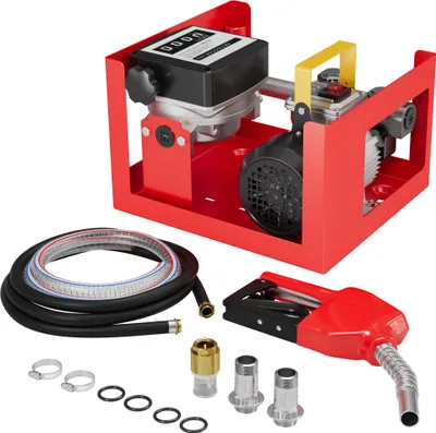 Image de Wiltec Pompe à fuel ou gasoilmobile – Autoaspirante – 230 V / 550 W – 60 l/min / 2800 tr/min – avec Pistolet, Compteur, Tuyaux, Châssis de montage et Accessoires
