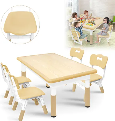 Produktbild von XINZI Kindertisch mit 4 Stühlen Kindertischgruppe Höhenverstellbar, Kinder Tisch Stuhl Set Plastik Kindermöbel für von 2 bis 10 Jahren, Braun