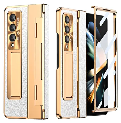 Produktbild von Galaxy Z Fold4 Hülle, Displayschutz & Objektivschutz Litschi Ständer Schutzhülle für Samsung Galaxy Z Fold 4 5G White