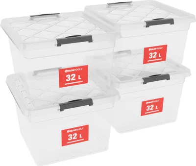 Produktbild von ATHLON TOOLS 4x 32 L Aufbewahrungsboxen mit Deckel, lebensmittelecht - Verschlussclips - 100% Neumaterial Plastik-Box transparent