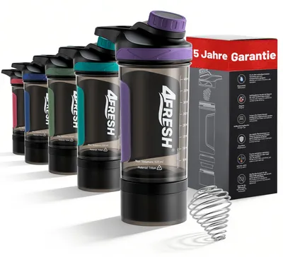 Produktbild von 4FRESH Protein Shaker Flasche 500 ml aus Tritan - BPA-Frei mit Skala & Magnetverschluss, Spiralmixer & Aufbewahrungsbox für Pulver & Kapseln