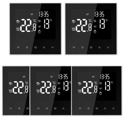 A collage of five digital thermostats displayed on a white background.