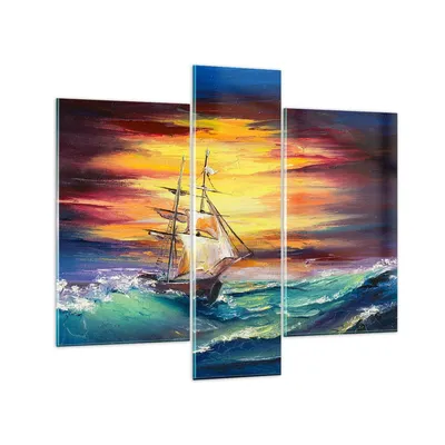 Produktbild von Bilder auf glas - Meer Welle Boot - 95x80cm - Glasbilder - Wandbilder - Bilder - Kunstdruck - zum Aufhängen bereit - Wanddekoration aus Glas - Glas Bilder - Wandbild auf Glas - 3 Teile - GCB95x80-3460