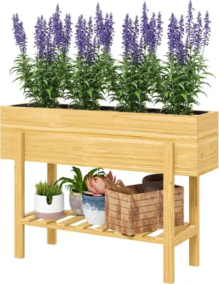 Immagine prodotto di Letto rialzato con ripiano, letto rialzato per erbe aromatiche con fori di drenaggio, fioriera in legno, letto per verdure resistente alle intemperie, letto da giardino, letto per piante da giardino, balcone, 100 x 30 x 70,5 cm legno naturale Aosom