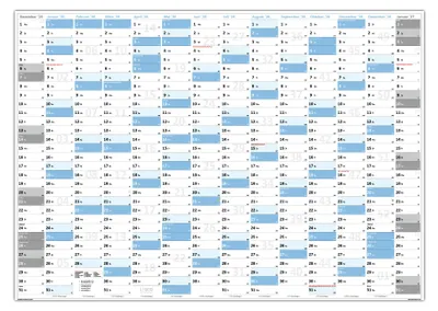 A wall calendar for the year 2026, displaying days and weeks in a grid format with blue highlighted sections.