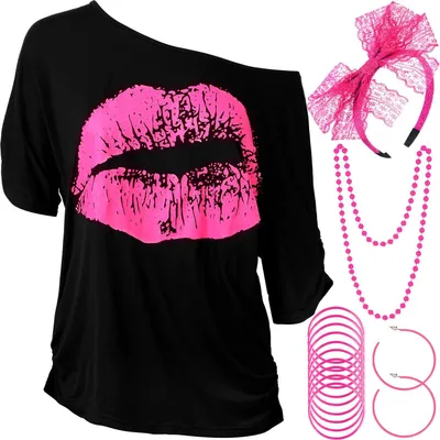 Produktbild von TRANKIELO® – Damenkostüm-Set im Stil der 80er Jahre – T-Shirt mit Lippenmuster – Stirnband, Ohrringe, Halskette, Armband für eine 80er-Jahre-Motto-Party