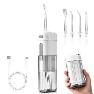 Produktbild von CkeyiN elektrische Munddusche mit 5 Aufsätzen, 4 Modi, abnehmbarem 200-ml-Wassertank