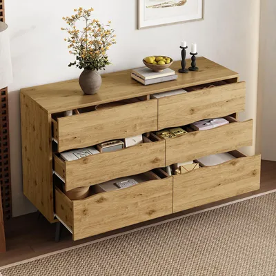 Image de Merax buffet moderne avec 6 tiroirs, commode en bois avec pieds en métal et beaucoup d'espace de rangement, salon & salle à manger, couleur bois