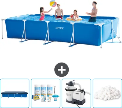 Produktbild von Intex-Schwimmbecken mit rechteckigem Rahmen – 450 x 220 x 84 cm – Blau – im Lieferumfang enthalten Abdeckung - Wartungspaket - Filterpumpe für Schwimmbad - Filterbälle
