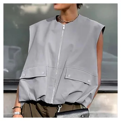 Produktbild von Cargoweste Damen Ärmellos mit Taschen Reißverschluss Bequeme Jacke Sommer Stehkragen Leichte Einfarbig Gilet Übergröße Blazerjacke Streetwear