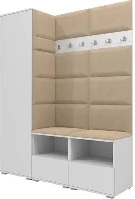 Produktbild von Garderoben-Set Nela II, Polstergarderobe mit zwei Schuhschränke, Flurmöbel mit Hochschrank (Farbe: Weiß + Trinity 04 (Beige))