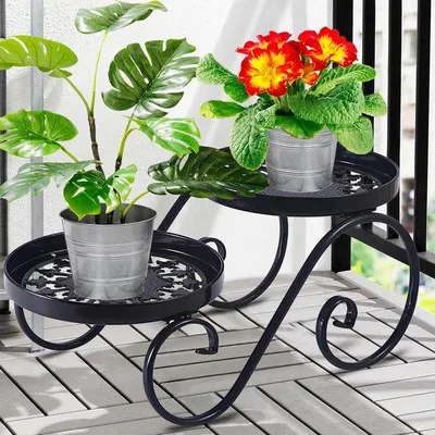 Image de Porte-fleurs rond en métal noir à deux niveaux