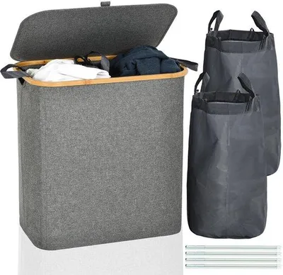 Productafbeelding van Famanu wasmand met deksel, 145 liter, inklapbaar, 2 compartimenten met uitneembare waszakken, waterdicht, grijs