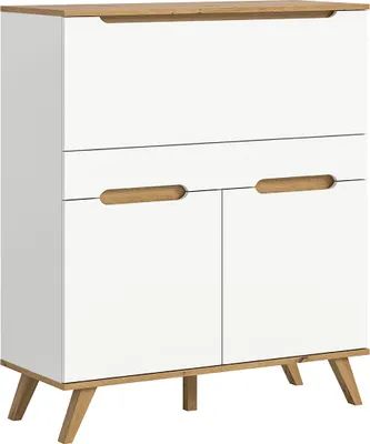 A white and wood cabinet with angled legs.
