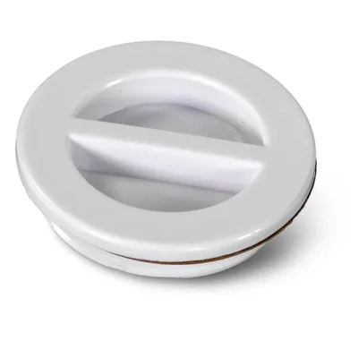 A white, circular cap with a horizontal bar across the center, shown from a slightly elevated angle against a white background.