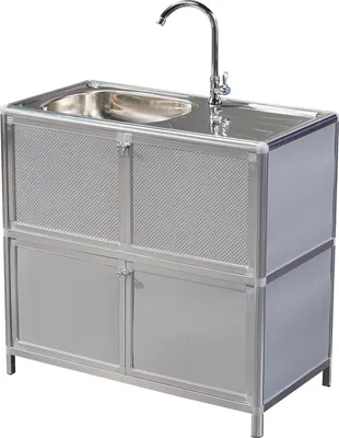 A standalone outdoor sink unit with a faucet and storage cabinets.