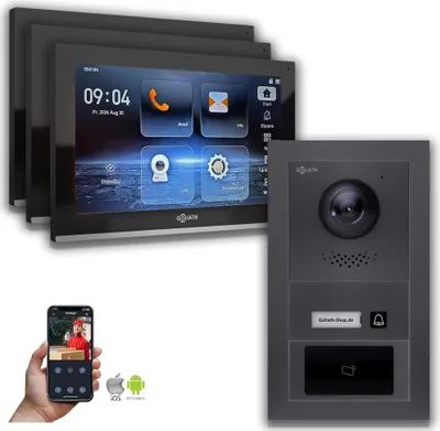 Image de Interphone vidéo Goliath IP avec caméra 10 pouces, RFID, anthracite : 3 moniteurs : 10 pouces, noir : boîtier encastré Nombre de moniteurs : 3 moniteurs Couleur du moniteur : 10 pouces, noir Montage : boîtier encastré
