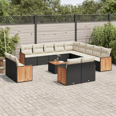 Produktbild von Design 14-tlg. Garten-Sofagarnitur mit Kissen Schwarz Poly Rattan, Gartenmöbel-Sets 2024 Neu