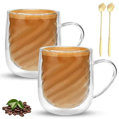 Image de Verres à Latte Macchiato, double paroi, 350 ml, lot de 2, avec anse et cuillères, en verre borosilicaté