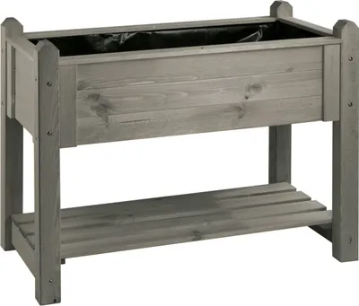 A raised wooden planter box with a lower shelf, presented against a white background.