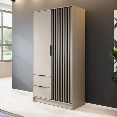 Produktbild von Kleiderschrank Stilo Kaschmir Beige mit Lamellen – 105 cm, 2 Türen, 2 Schubladen, Trendfarbe
