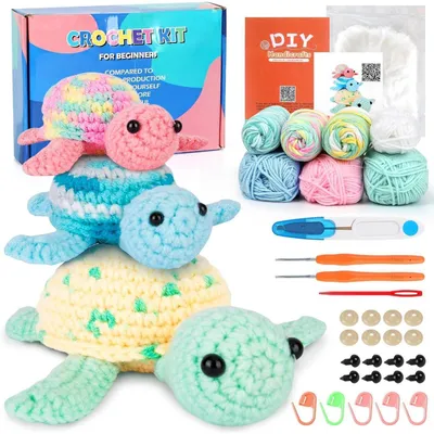 Productafbeelding van Hekelset voor beginners, 3 stuks: Schildpad DIY hekelset met video-instructies en garen