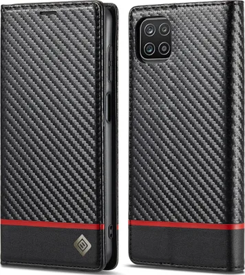 Image de Etui pour Samsung Galaxy A22 5G Etui en cuir carbone avec porte-cartes, aimant et support Noir Horizontal Rouge
