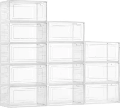 A set of clear, stackable storage boxes arranged in a tiered formation against a white background.