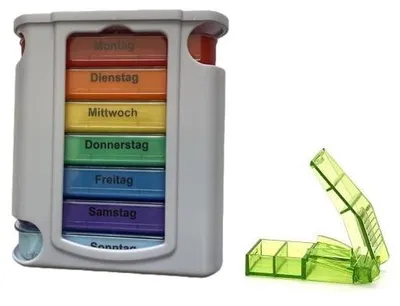 Produktbild von Tablettenbox Pillenbox Reise Box 7 Tage 4 Fächer bunt und Pillenteiler