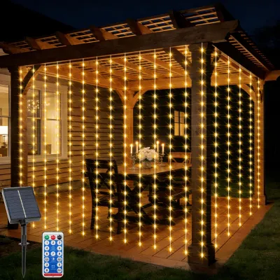 Solar-Gardinenlichter 2x2 m, 200 LED, warmweiß, Timer, Fernbedienung