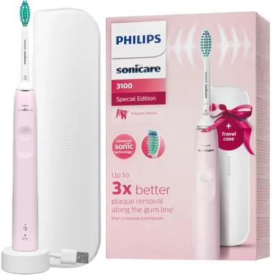 A pink Philips Sonicare electric toothbrush and its packaging are displayed.