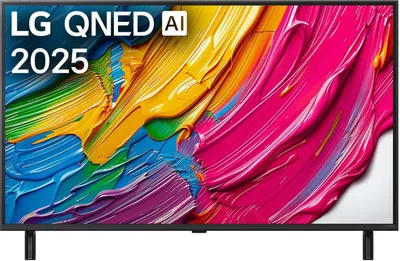 A television screen displaying a colorful abstract image with text overlay.