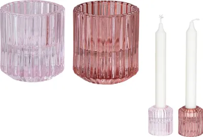 Produktbild von 2er Set Kerzenhalter Teelichthalter Glas Rosa Pink 2in1 Stabkerze Tischdeko
