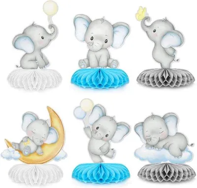 Productafbeelding van Decoraties voor een babyshower voor jongens - Blauw thema met olifanten - Centerpiece en tafeldecoraties voor een genderonthullingsfeest, set van 6 stuks
