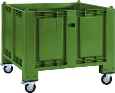Produktbild von Palettenbox, grün, mit 4 Lenkrollen, 2 Feststellbremsen, LxBxH 1200 x 800 x 1000 mm, lebensmittelecht