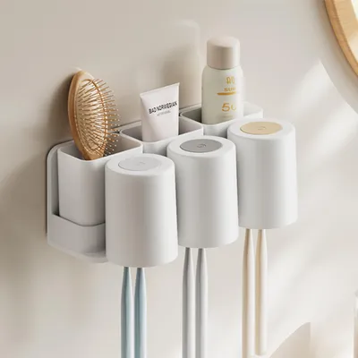 Produktbild von Zahnbürstenhalter, Badezimmer Klebstoff Zahnbürstenhalter Wand, Zahnbürstenhalter Elektrische Zahnbürste mit 3 Tassen + 3 Separate Aufbewahrungsbox