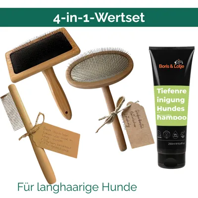 Immagine prodotto di Set per la cura del pelo per cani di taglia grande (da 25 kg in su) – spazzola per cani, spazzola a setole corte, pettine per cani e shampoo per pelo lungo e folto