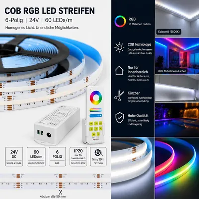 Produktbild von 10m 24V LED Strip COB RGB – Farbwechsel 12 mm breit, für Innenbereiche Funk-Touch-Fernbedienung Komplettset