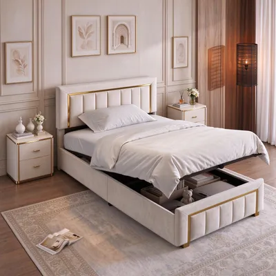 Immagine prodotto di Letto a molle con contenitore 90x200 cm, con meccanismo a sollevamento idraulico, rete a doghe, imbottitura in tessuto, letto singolo, letto per ragazzi, struttura letto, velluto, beige