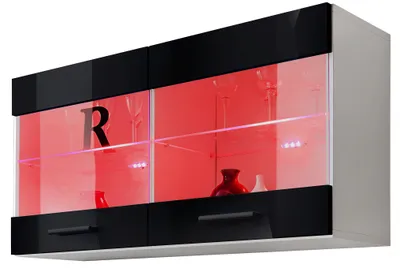 Produktbild von Komodee | Vitrine Schrank mit 2 Türen Savona, Korpus Weiß Matt Frontfarbe Schwarz Hochglanz, LED RGB