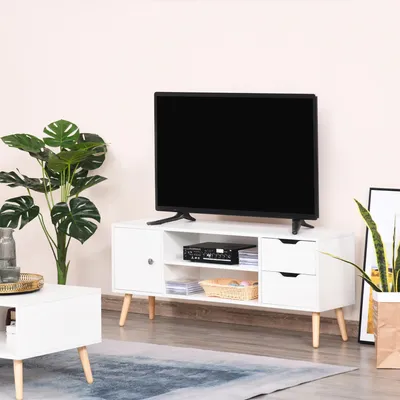 Zdjęcie produktu dla Komoda RTV w stylu skandynawskim z drzwiczkami, 2 otwartymi półkami i 2 szufladami, wymiary: 120x28x44 cm, kolor biały