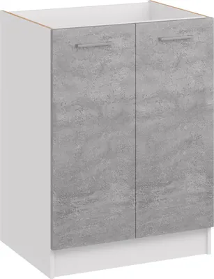 A white and gray kitchen base cabinet with two doors.