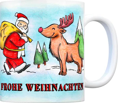 Produktbild von Kaffeebecher mit Weihnachtsmann, Rentier, Lebkuchen, Schneemann Motiv und