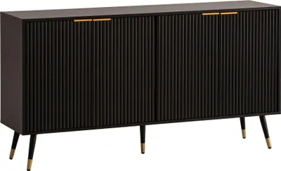 Produktbild von WOHNLING Sideboard 150x81x39 cm Anrichte Schwarz mit Eiche-Nachbildung Kommode mit Türen Kommodenschrank Flurschrank Modern Standschrank Wohnzimmer