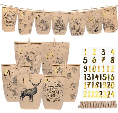 Produktbild von Adventskalender Tüten 24er Set mit Zahlenaufklebern & Klammern, Kraftpapier, 16x22 cm
