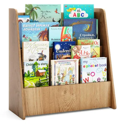 A wooden bookshelf filled with children's books.