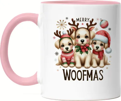 Produktbild von Merry Woofmas Lustiges Hundemotiv Tasse Rosa Geschenkidee witziges Design Weihnachten